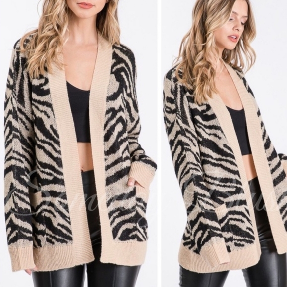 Tan/Black Zebra Print Cardigan Sweater - Picture 2 of 2